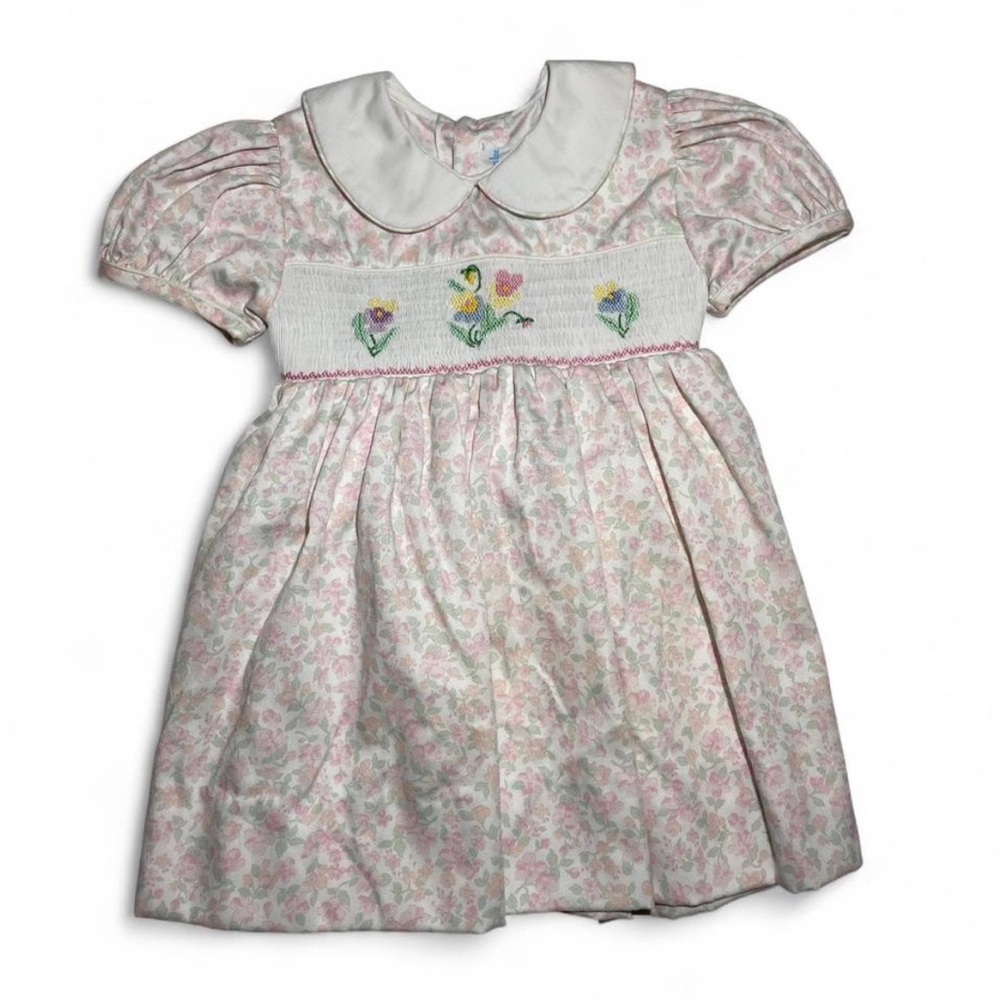 NWT Vintage House of Hatten Baby Girl Pink Floral Embroidered Smocked Dress 18m